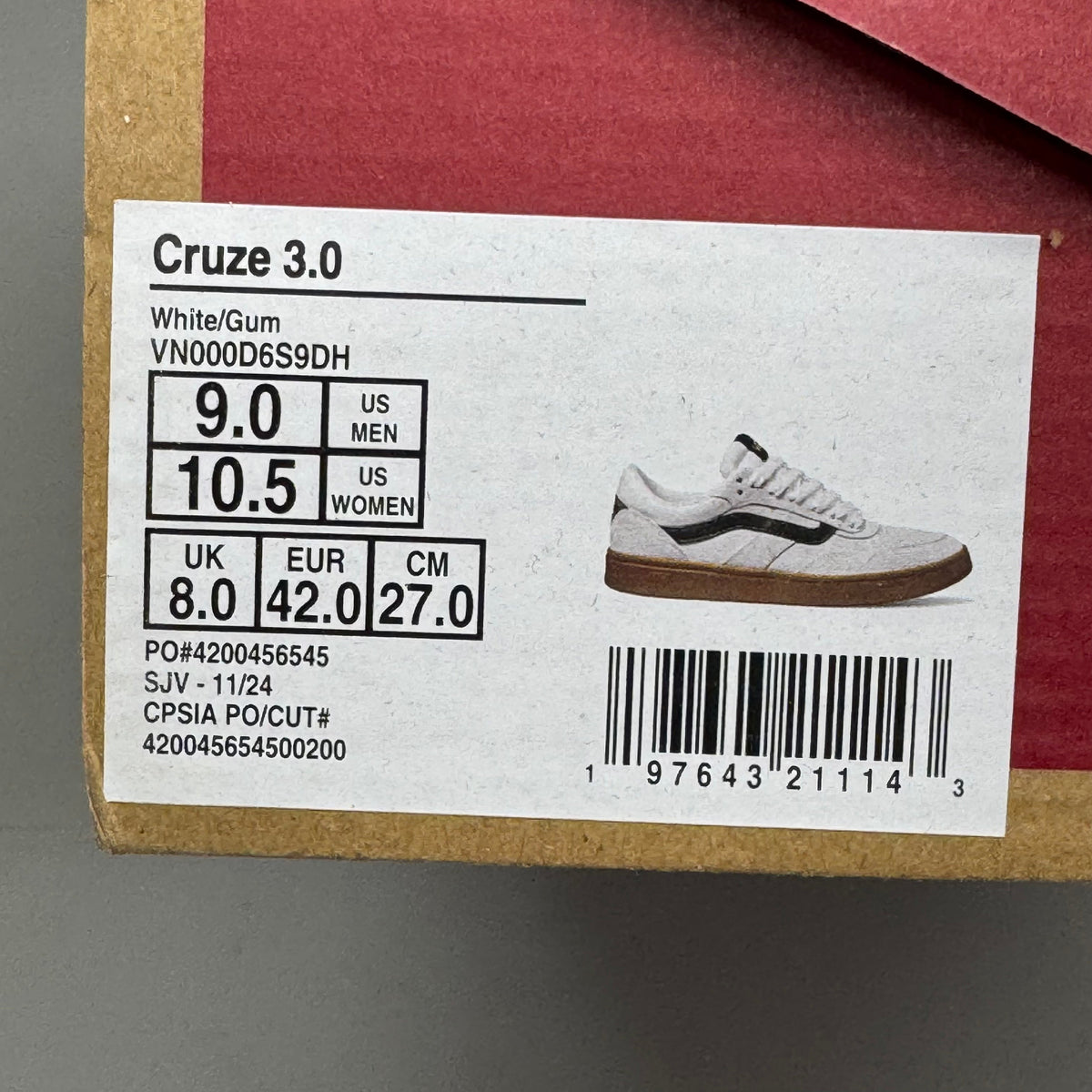 VANS Cruze 3.0 Sneakers Sz Men's 9.0 Women's 10.5 White/Gum VN000D6S9DH