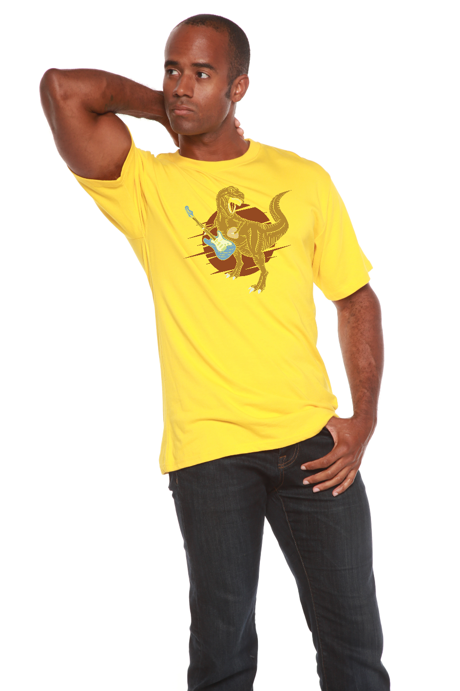 Dinosaur with a guitar Men's Bamboo Viscose/Organic Cotton Short Sleeve Graphic T-Shirt