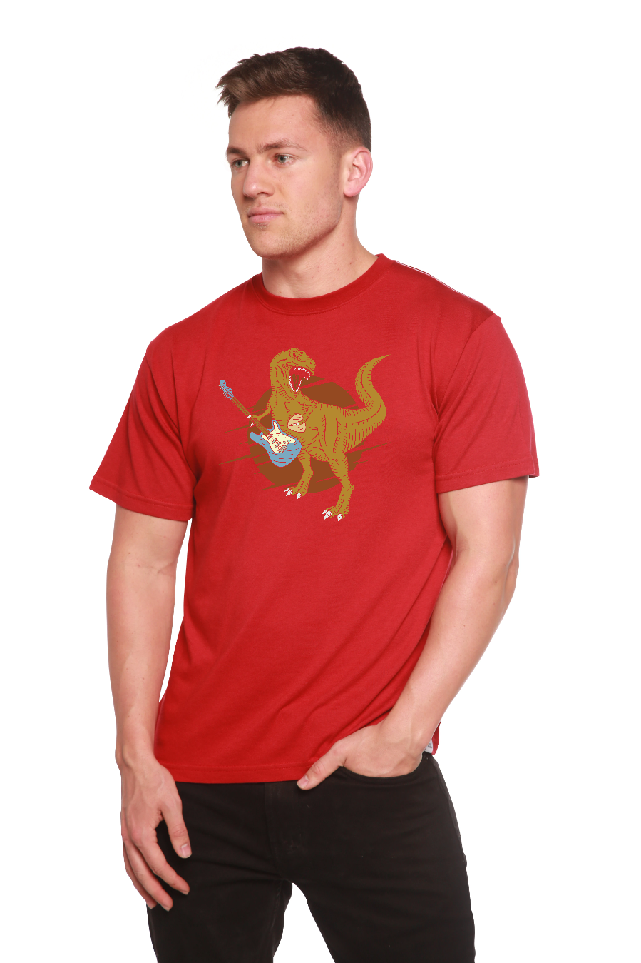 Dinosaur with a guitar Men's Bamboo Viscose/Organic Cotton Short Sleeve Graphic T-Shirt